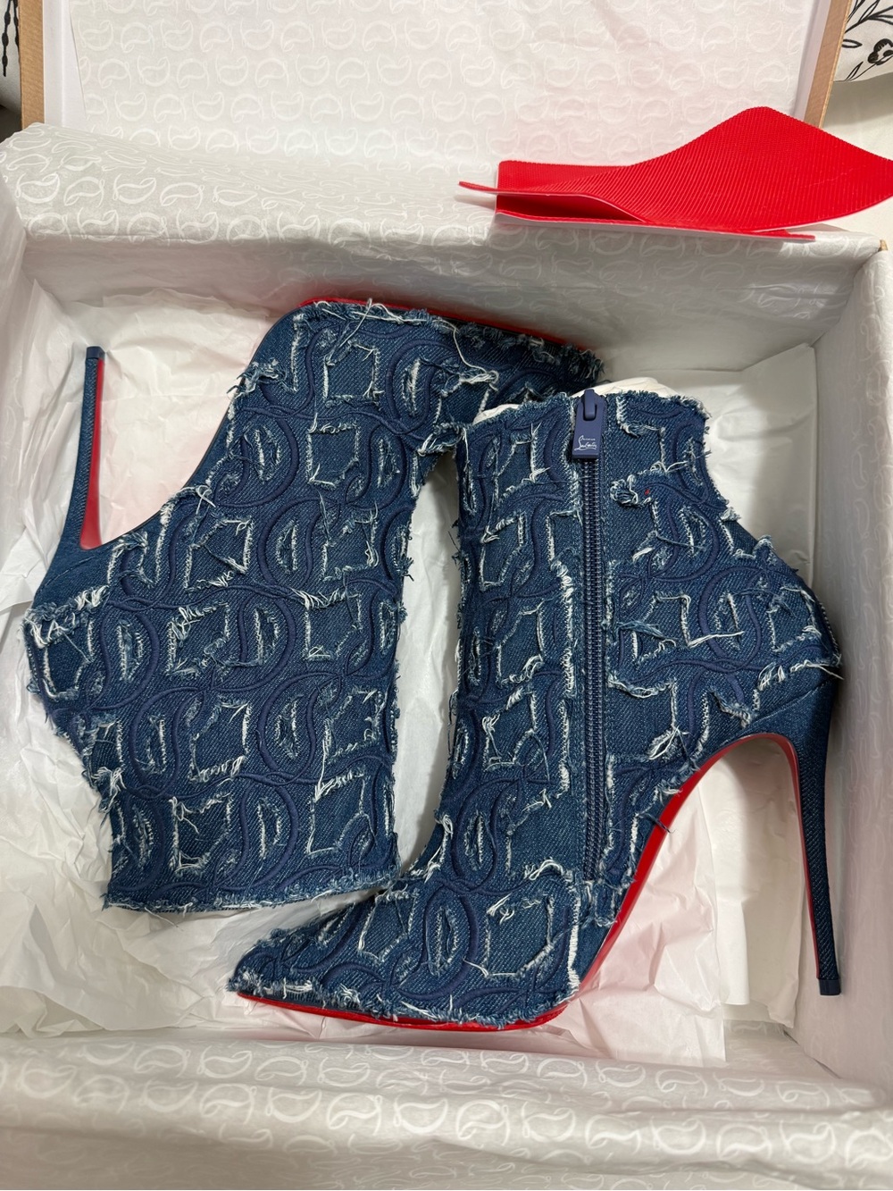 Christian Louboutin Navy Denim Ankle Booties with Red Sole